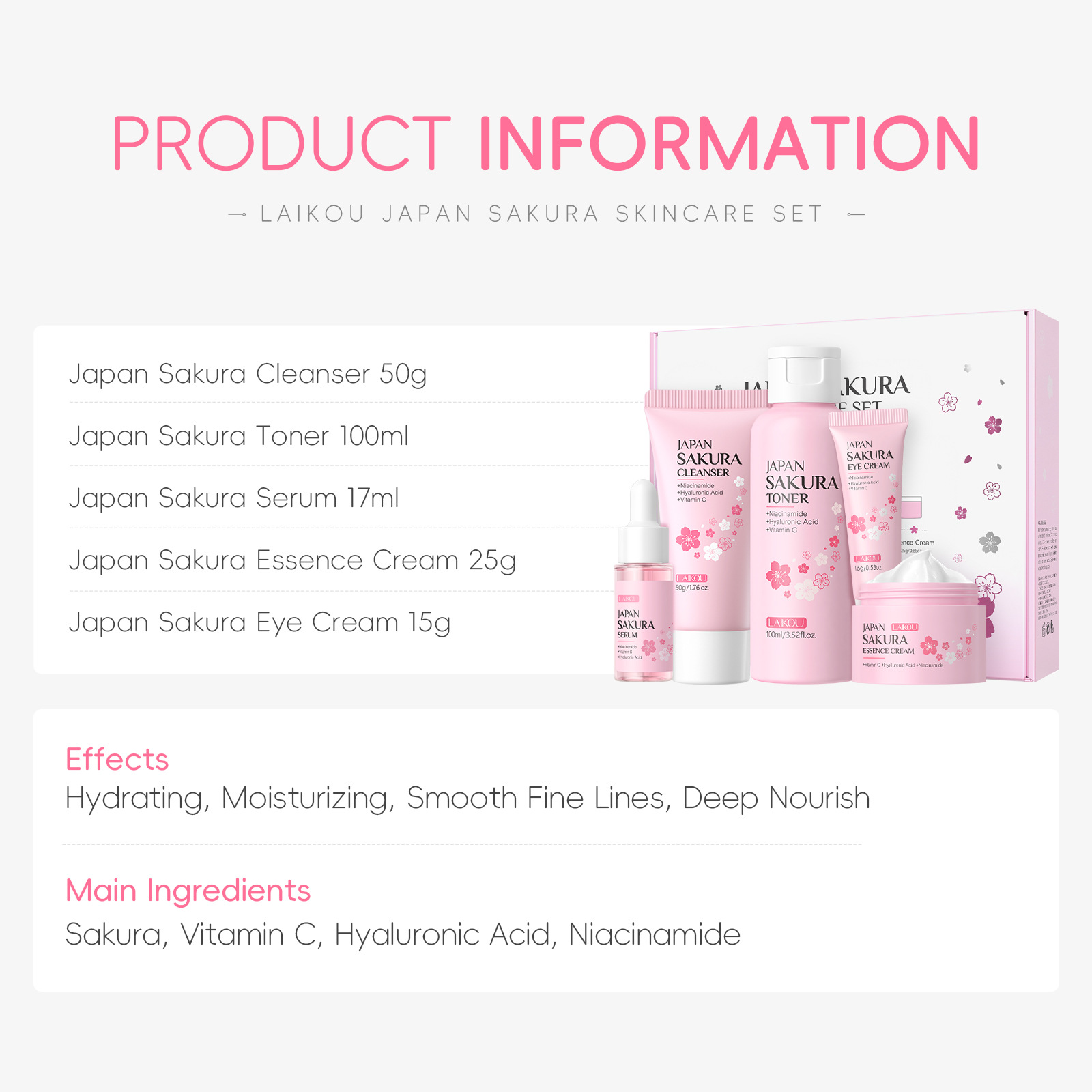 LAIKOU Sakura 5pcs Skin Care K - đánh giá và giá Korean Skincare Routine